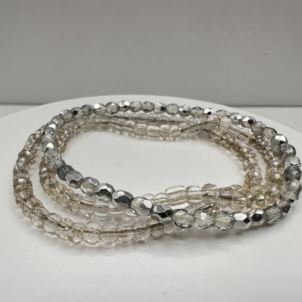 90s Vintage Silver Beaded Stretch Bracelet Set - Boho Retro Jewelry